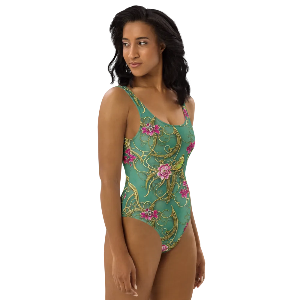 Verdigris Aviary on One-Piece Swimsuit — Right