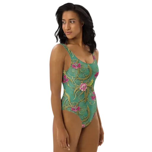 Verdigris Aviary on a One-Piece Swimsuit