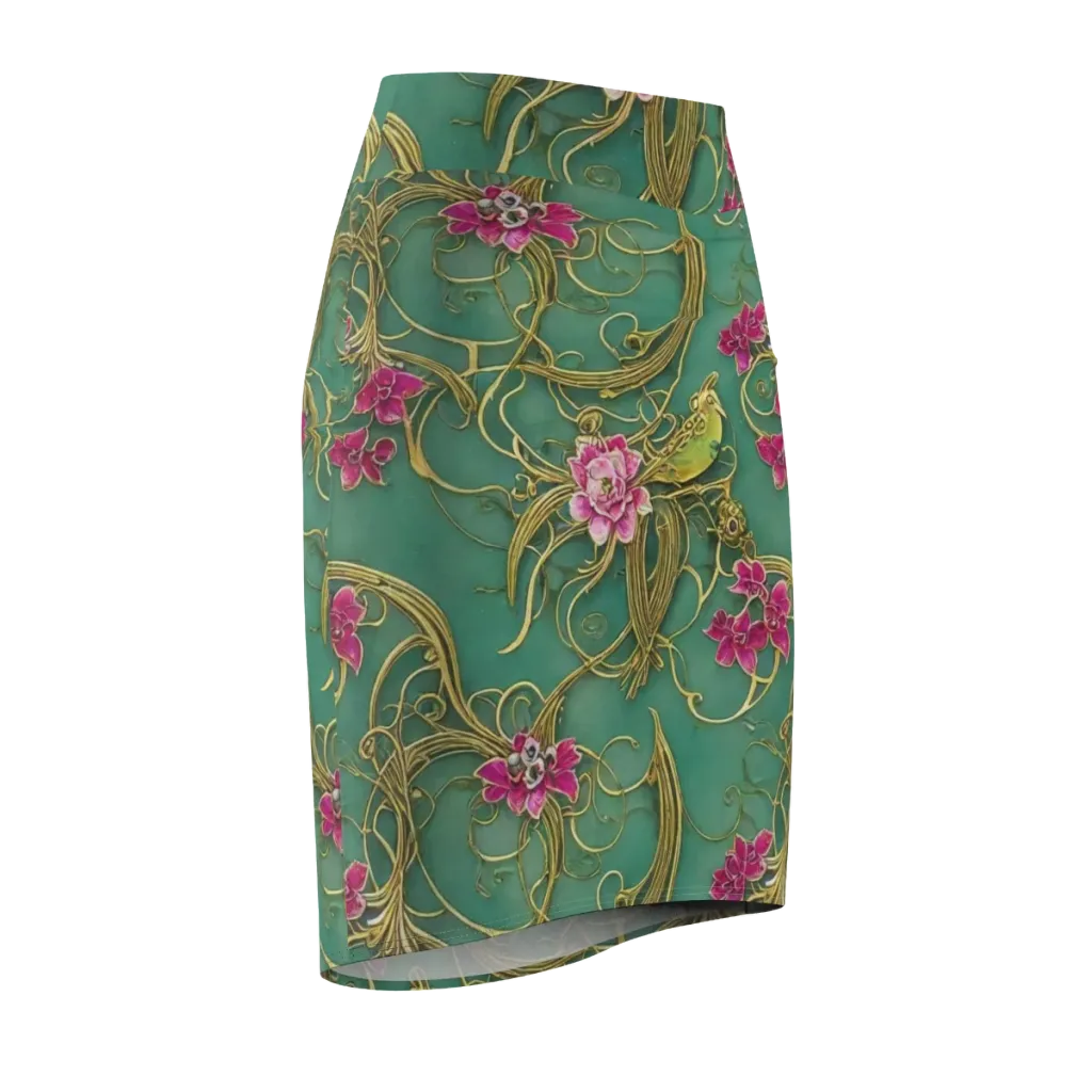 Verdigris Aviary on Pencil Skirt — Front Side