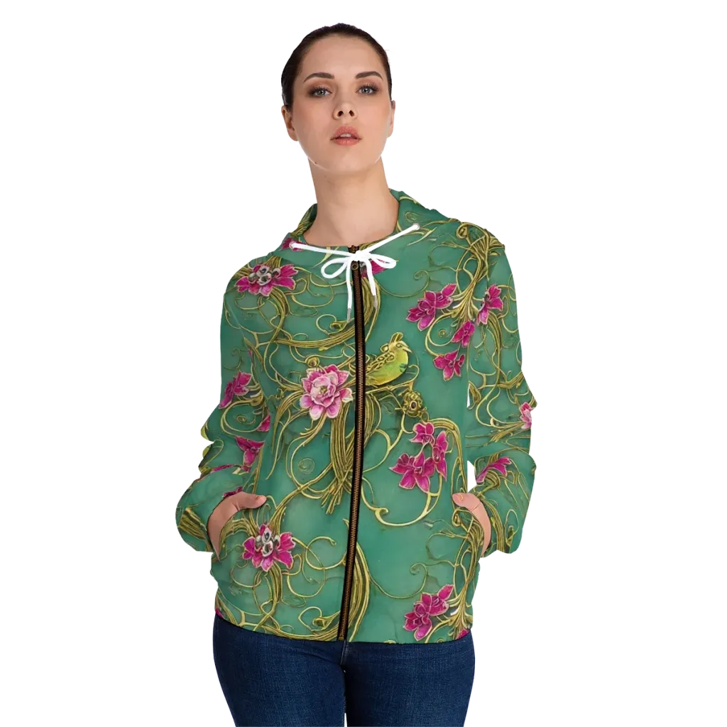 Verdigris Aviary on Women's Full-Zip Hoodie — Front On Person