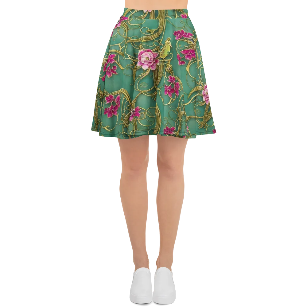 Verdigris Aviary on Skater Skirt — Front