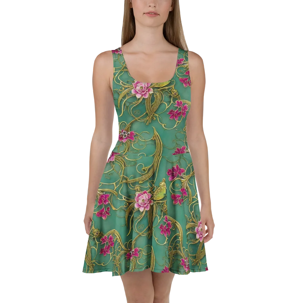 Verdigris Aviary on Skater Dress — Front