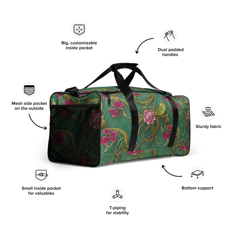 Verdigris Aviary on Duffle Bag — Right Front