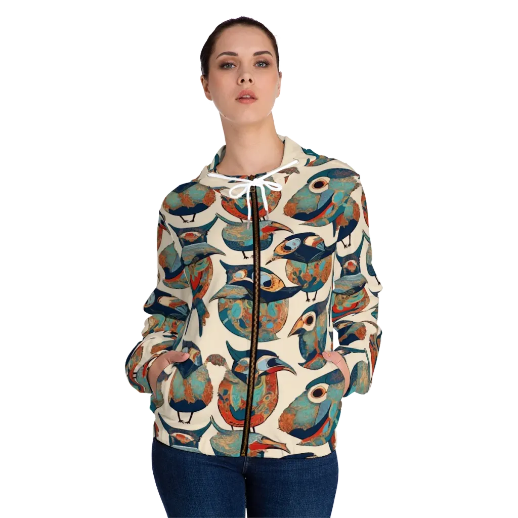 Ornithic Tapestry on Women's Full-Zip Hoodie — Front On Person