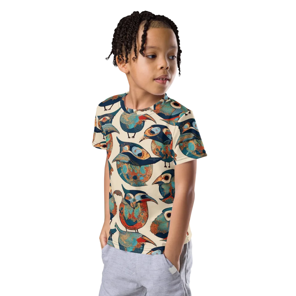 Ornithic Tapestry on Kids Crew Neck T-Shirt — Left Front