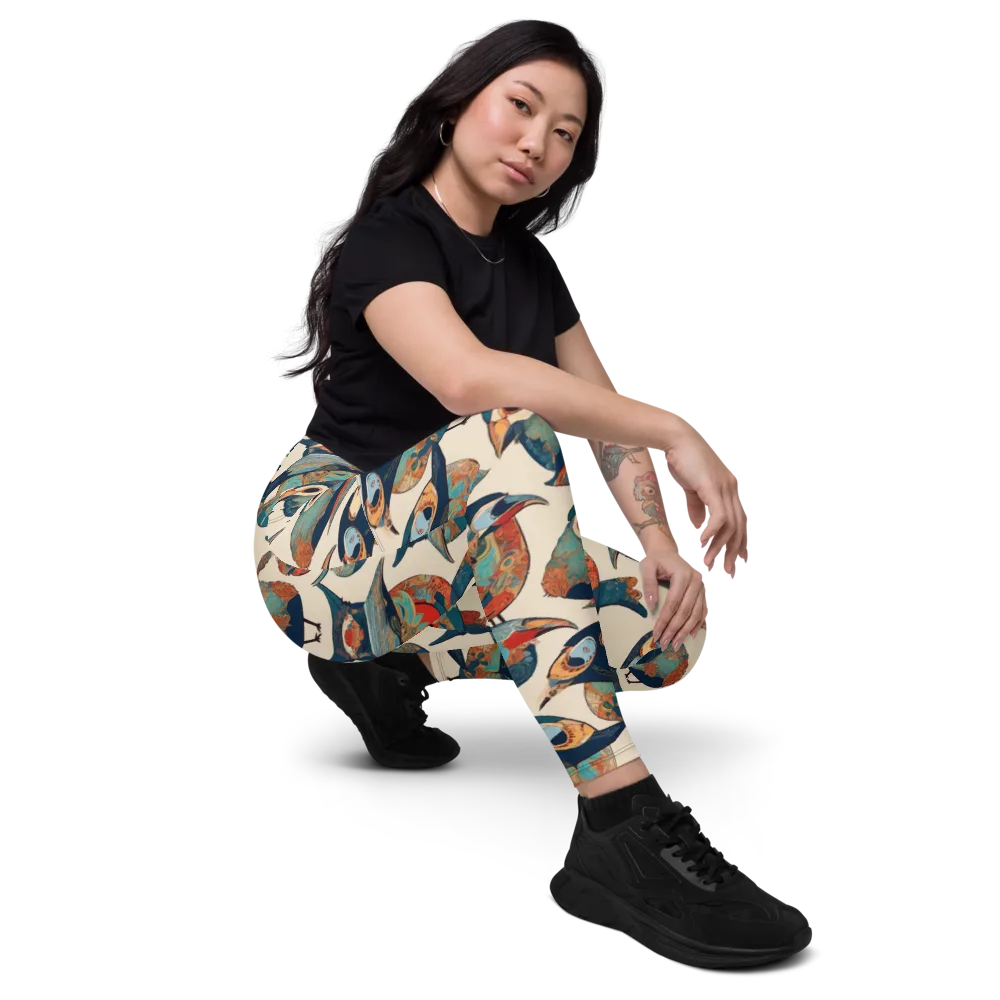 Ornithic Tapestry on Leggings with Pockets — Right Front