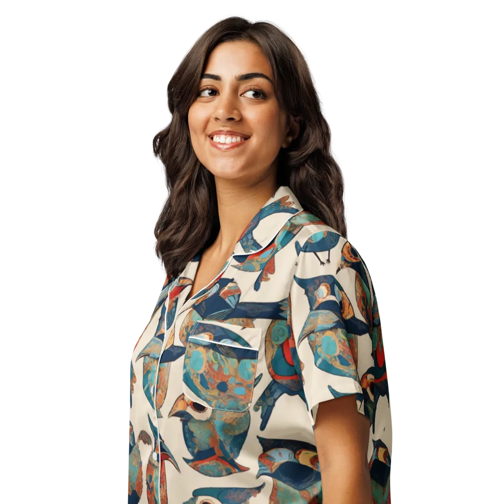 Ornithic Tapestry on Women's Short Sleeve Pajama Top — Left Front