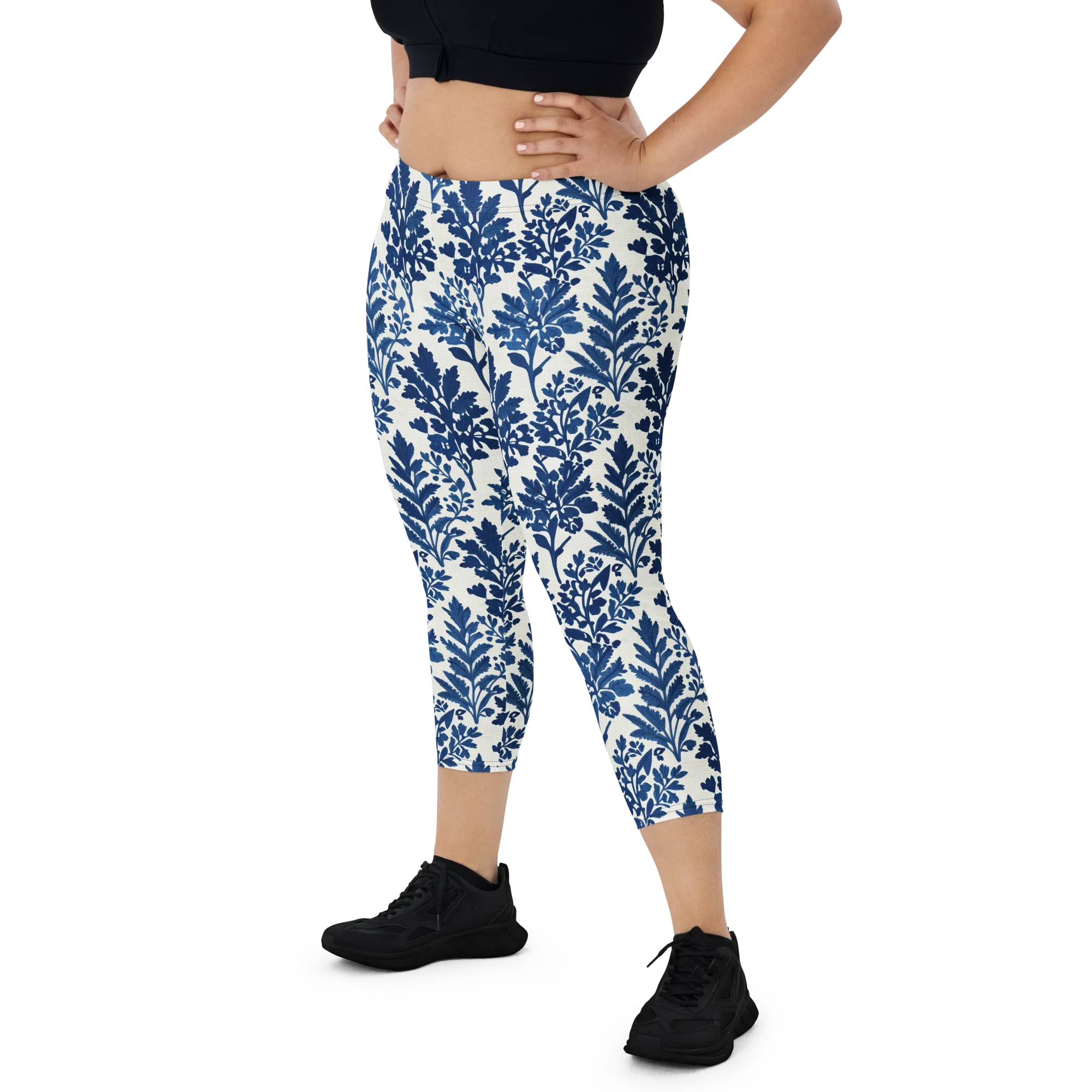 Blue Garden Ledger on Capri Leggings — Front
