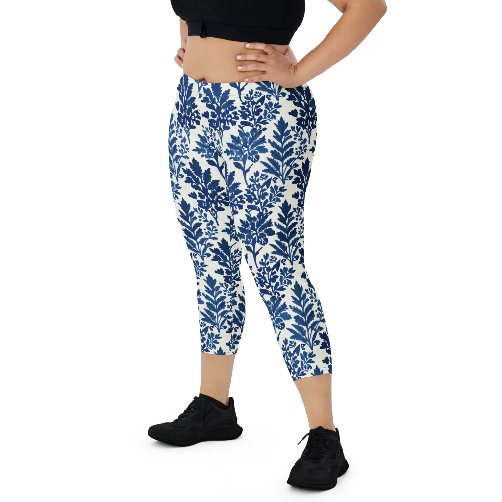 Blue Garden Ledger on Capri Leggings — Front