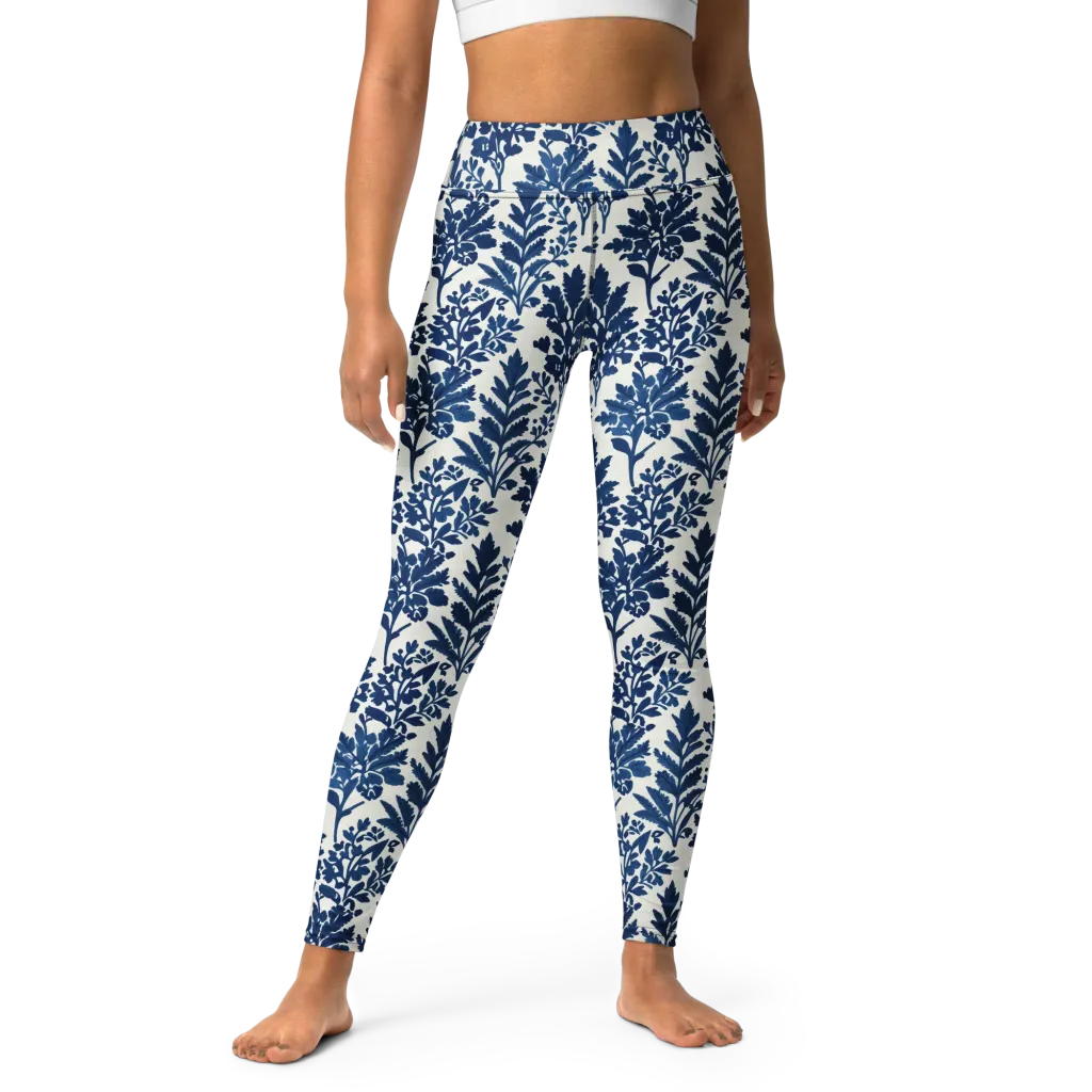 Blue Garden Ledger on Yoga Leggings — Front