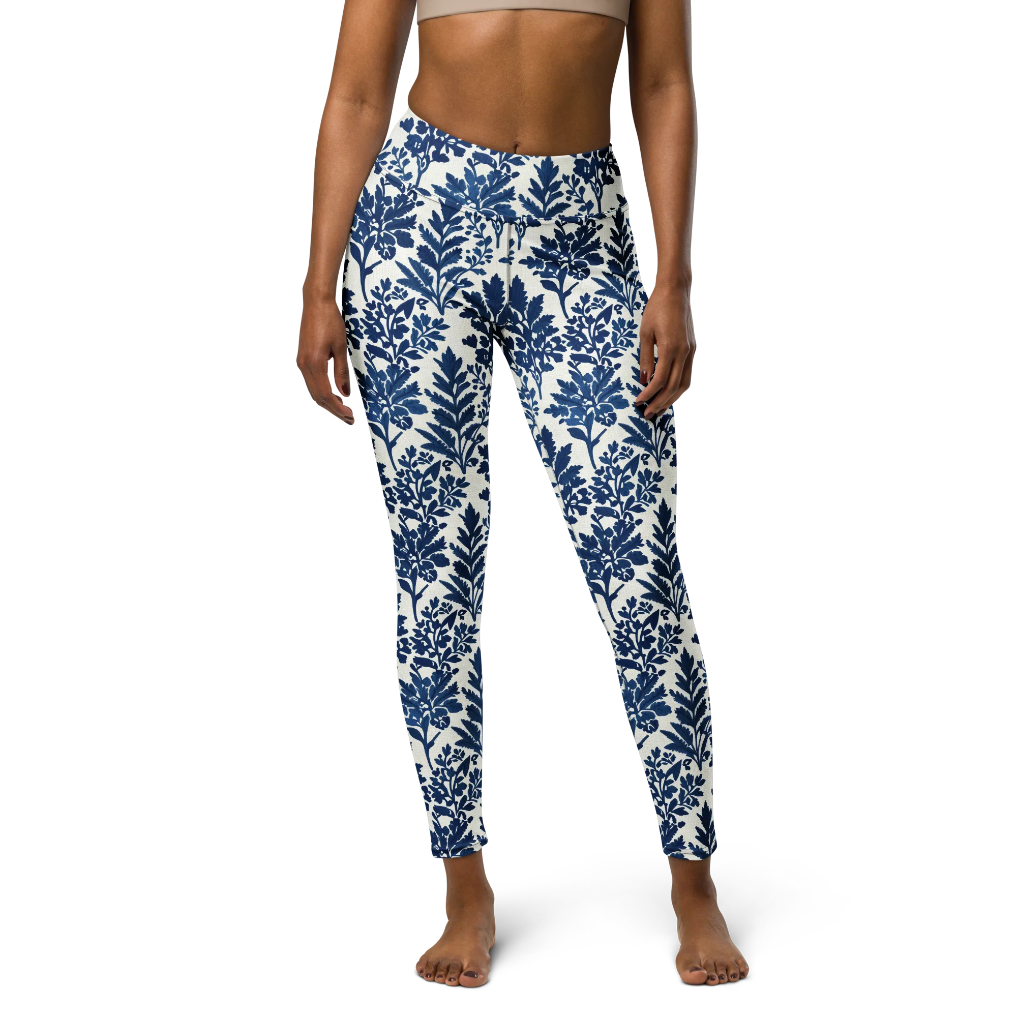 Blue Garden Ledger on Yoga Leggings — Front
