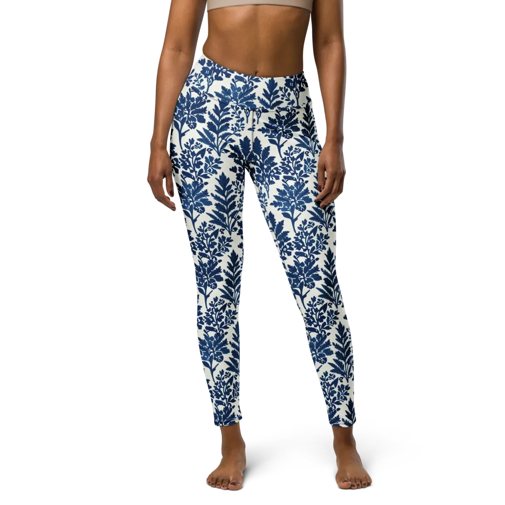 Blue Garden Ledger on Yoga Leggings — Front