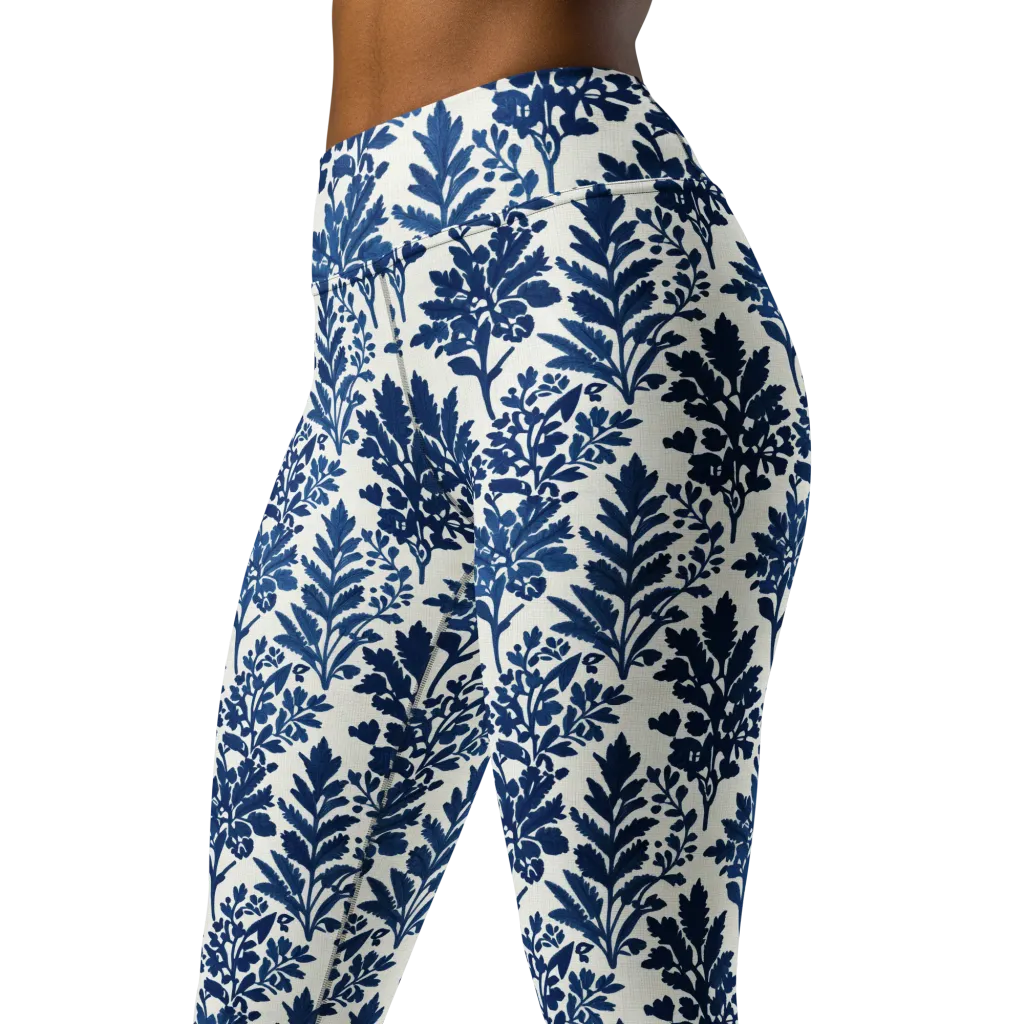 Blue Garden Ledger on Yoga Leggings — Left Front
