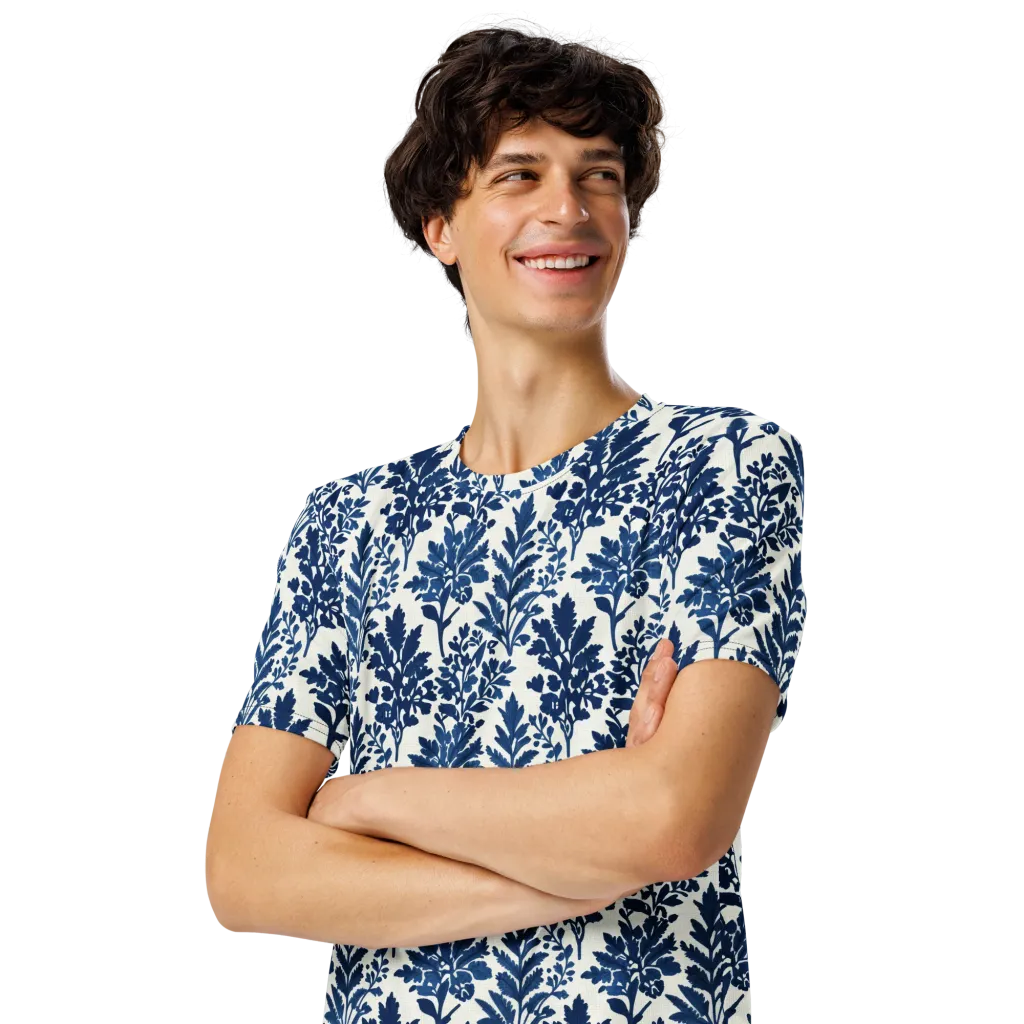 Blue Garden Ledger on Men's Crew Neck T-Shirt — Left Front