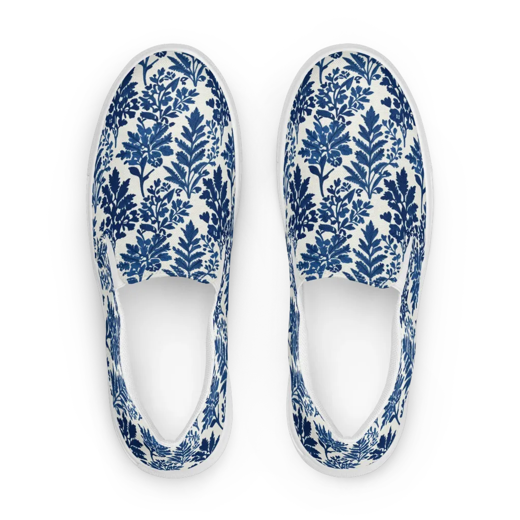 Blue Garden Ledger on Men's Slip-On Canvas Shoes — Front