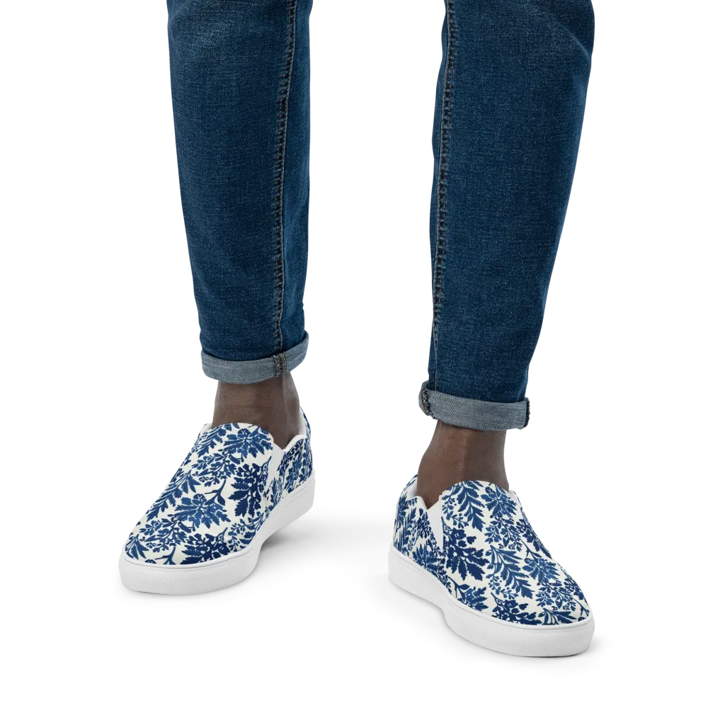 Blue Garden Ledger on Men's Slip-On Canvas Shoes — Front