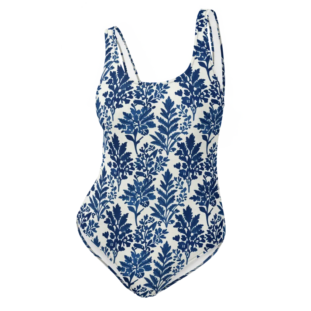 Blue Garden Ledger on One-Piece Swimsuit — Front