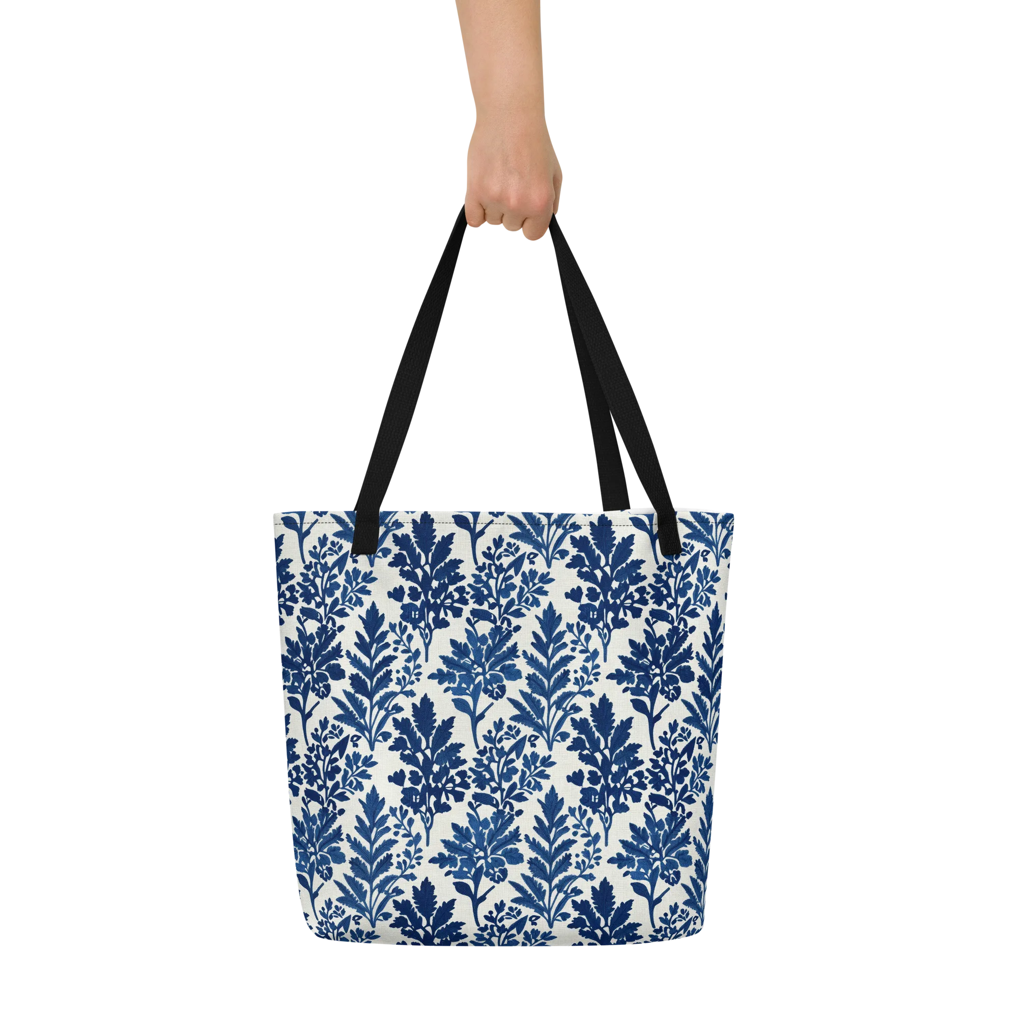 Blue Garden Ledger on Large Tote Bag W/ Pocket — Front