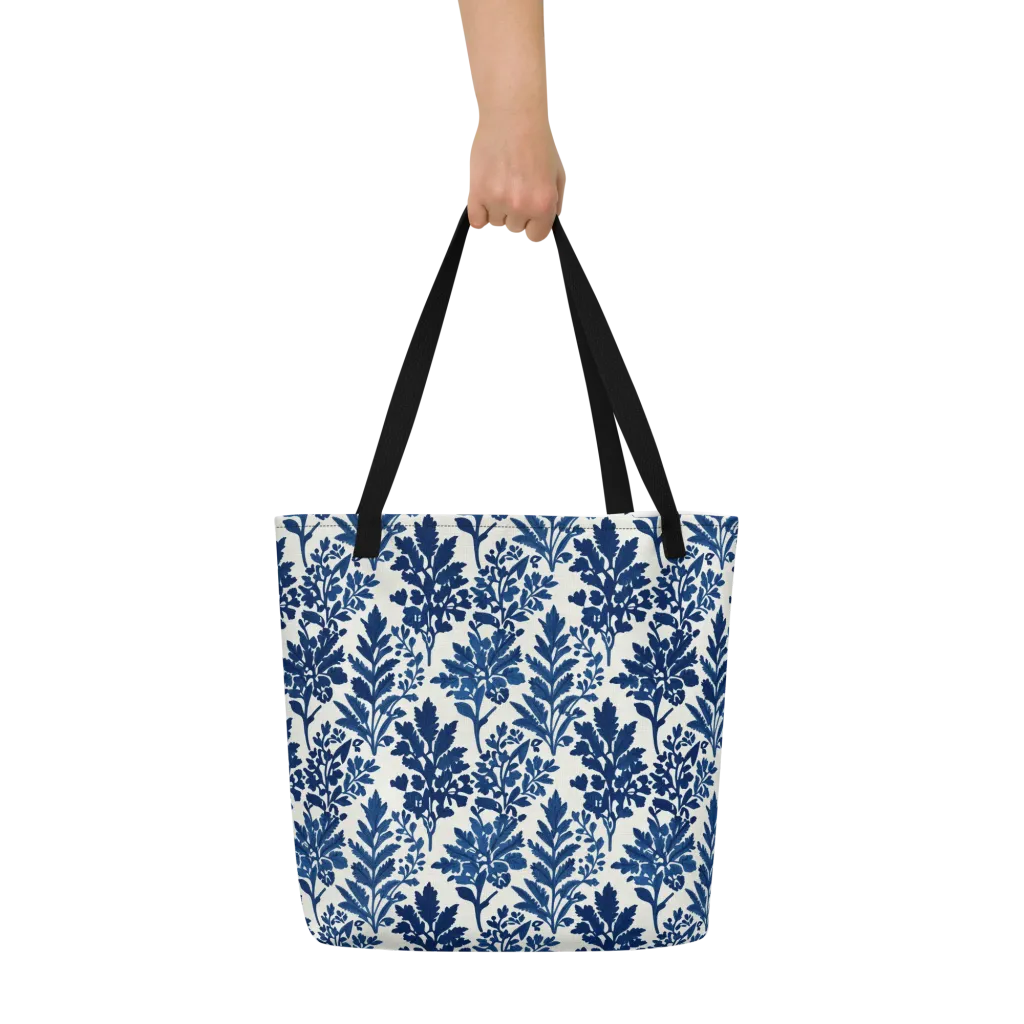Blue Garden Ledger on Large Tote Bag W/ Pocket — Front