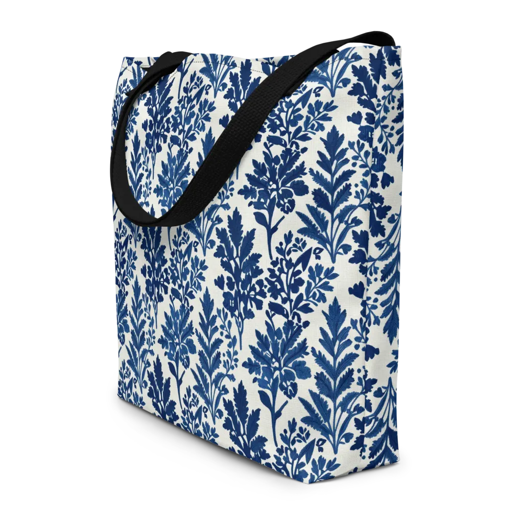 Blue Garden Ledger on Large Tote Bag W/ Pocket — Front