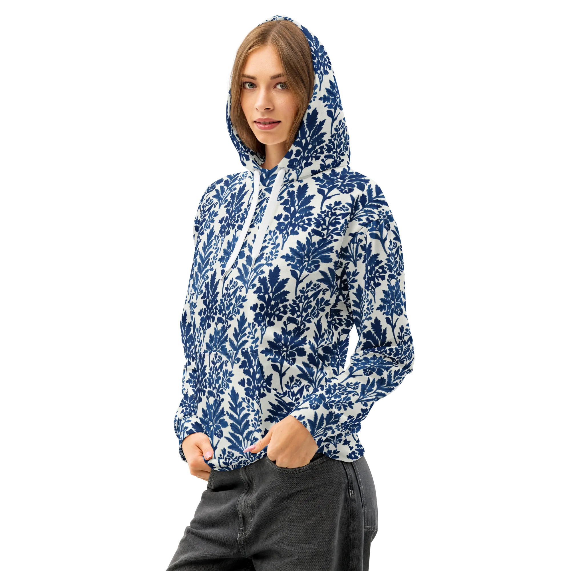 Blue Garden Ledger on Cotton Hoodie — Left Front