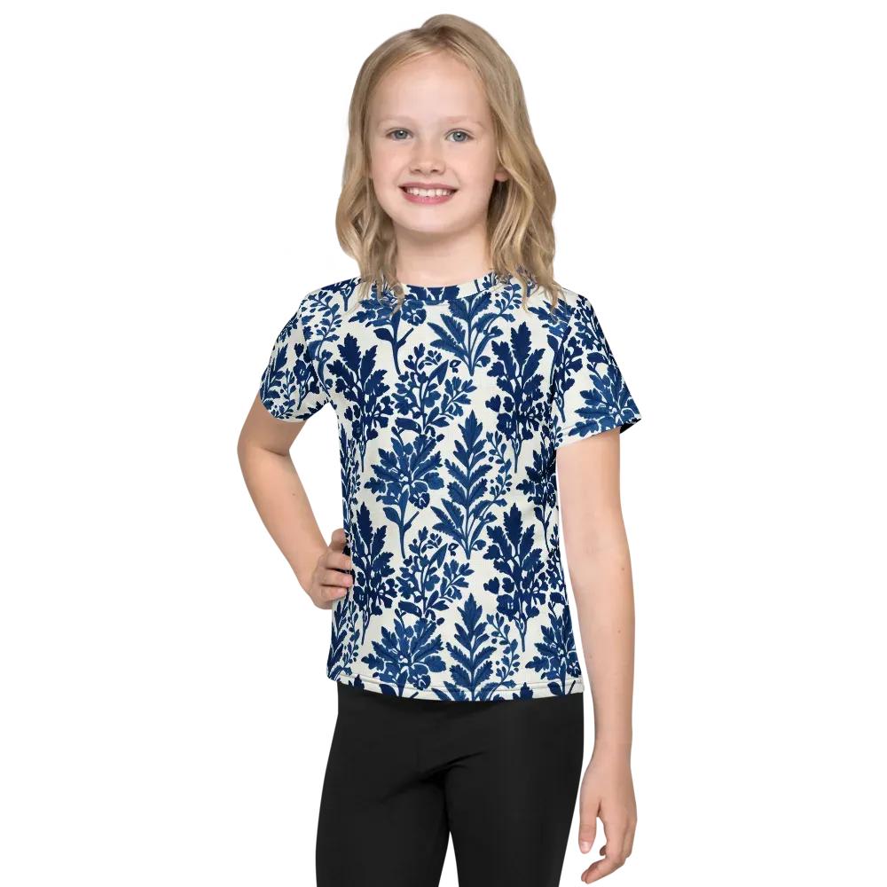 Blue Garden Ledger on Kids Crew Neck T-Shirt — Front