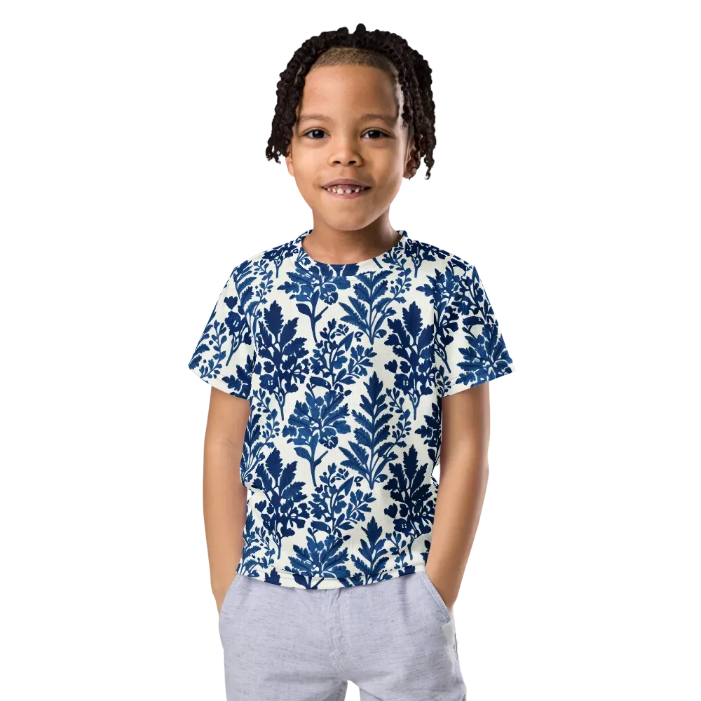 Blue Garden Ledger on Kids Crew Neck T-Shirt — Front