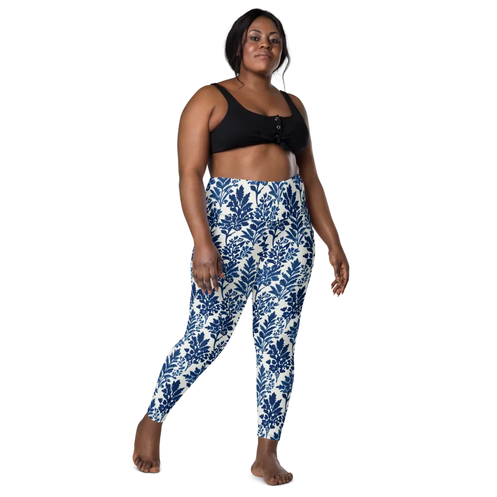 Blue Garden Ledger on Leggings with Pockets — Front