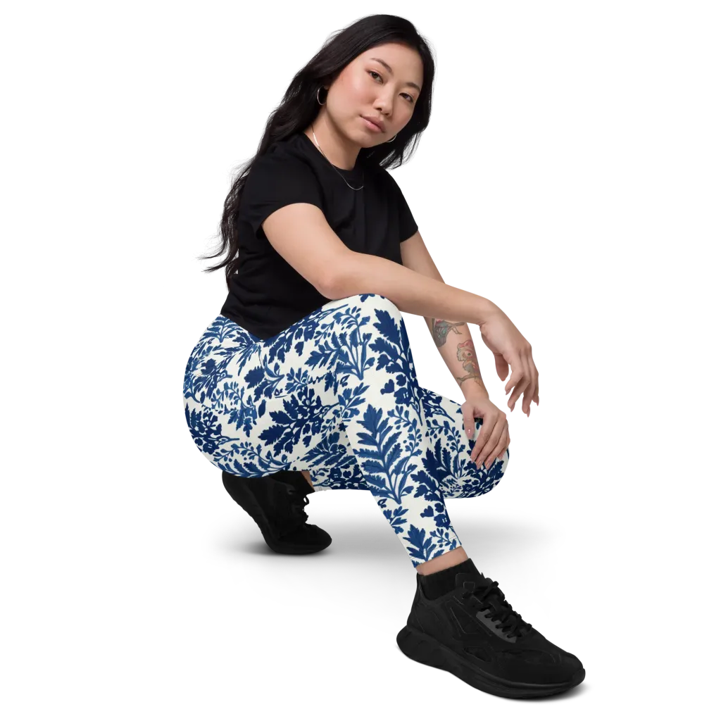 Blue Garden Ledger on Leggings with Pockets — Right Front