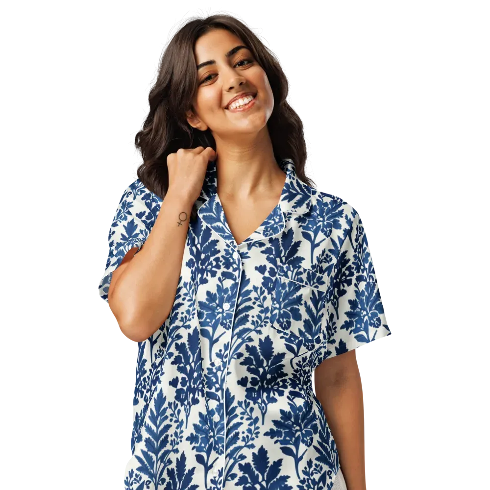 Blue Garden Ledger on Women's Short Sleeve Pajama Top — Front