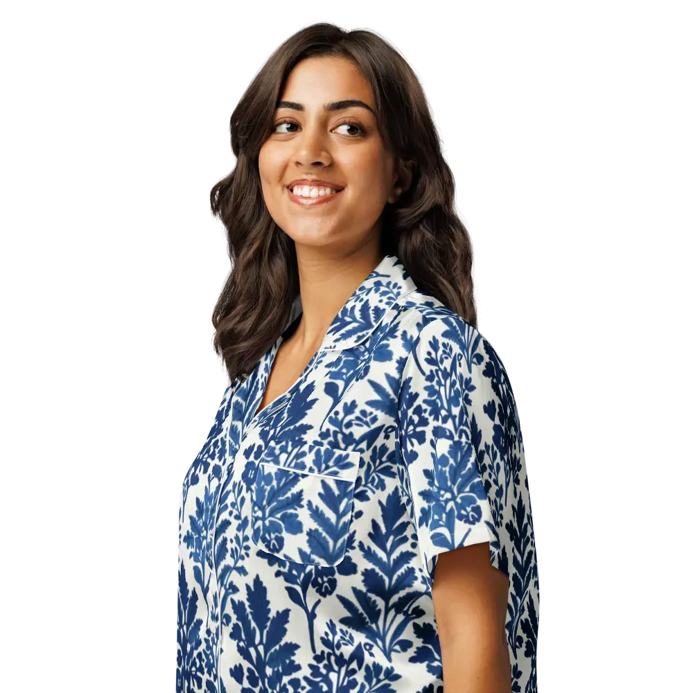 Blue Garden Ledger on Women's Short Sleeve Pajama Top — Left Front