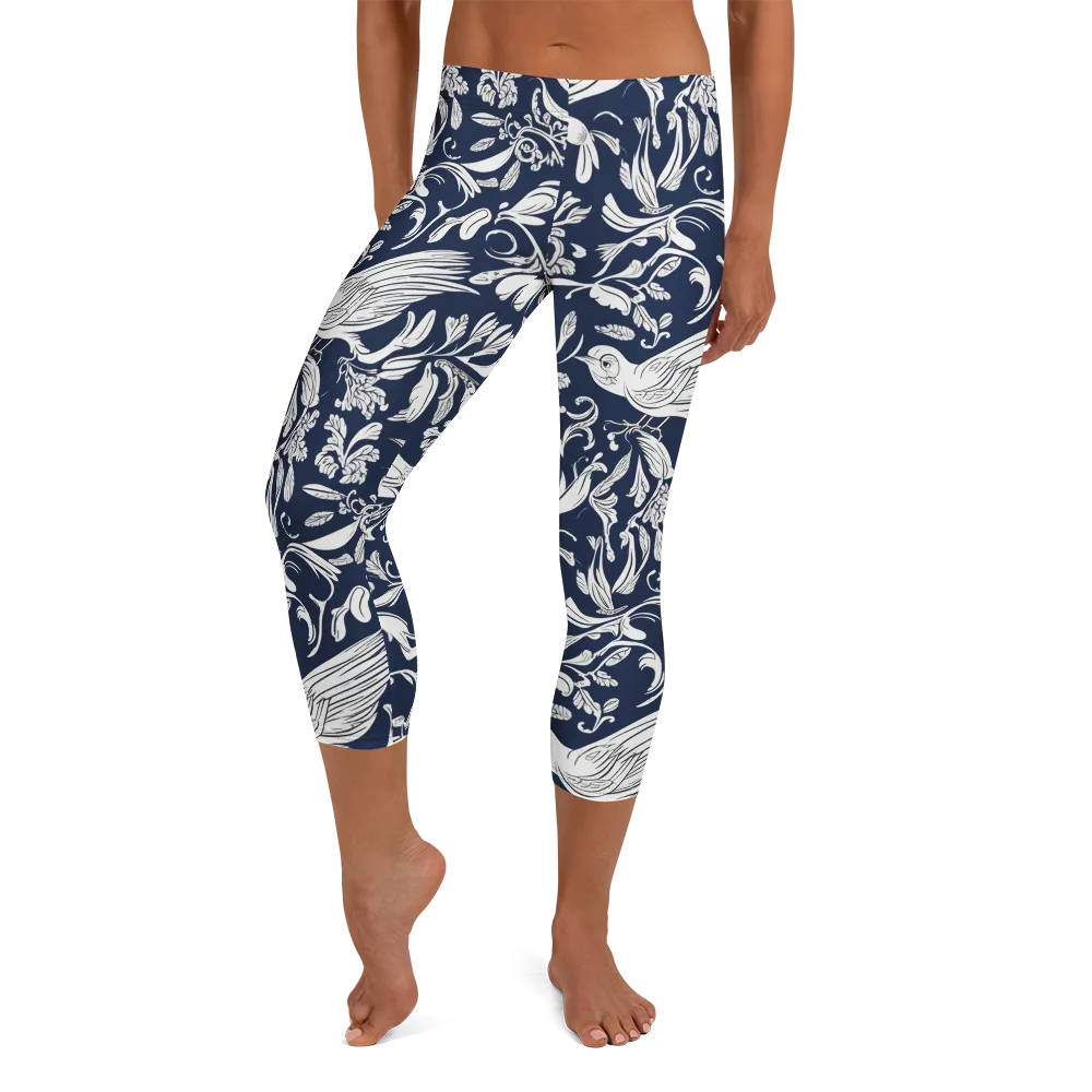 Navy Aviary on Capri Leggings — Front
