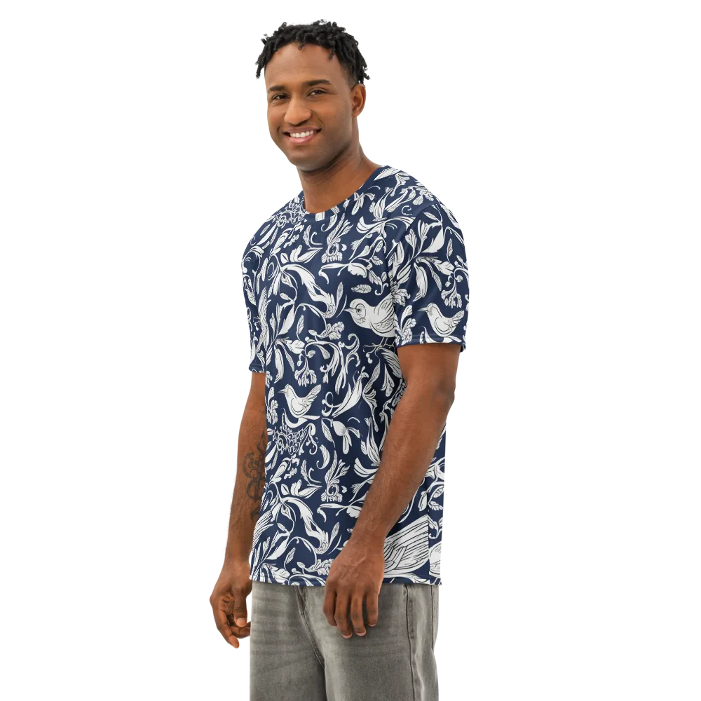 Navy Aviary on Men's Cotton Crew Neck T-Shirt — Left Front