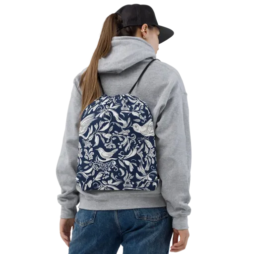 Navy Aviary on a Drawstring Bag