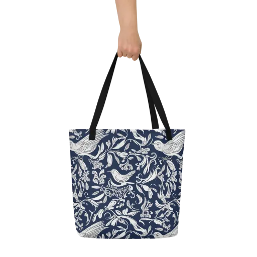 Navy Aviary on a Large Tote Bag W/ Pocket
