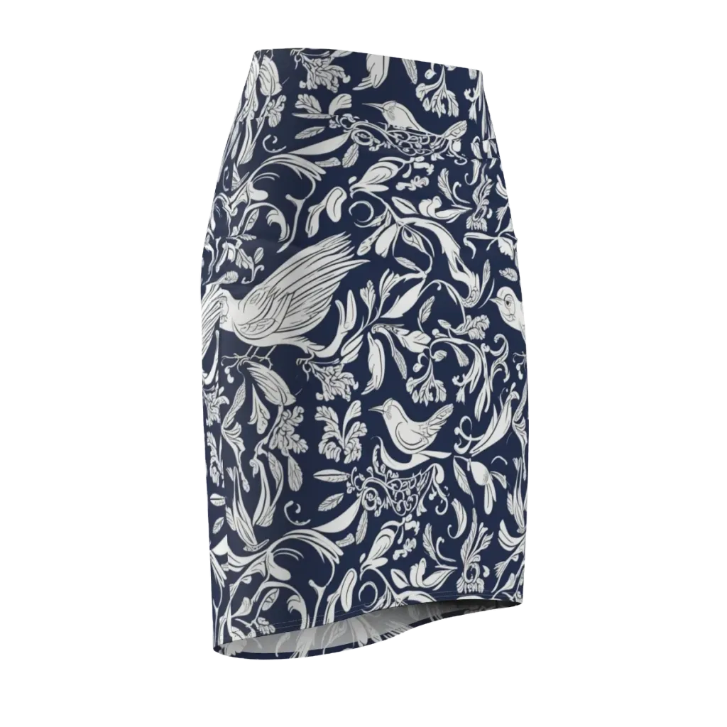 Navy Aviary on Pencil Skirt — Front Side