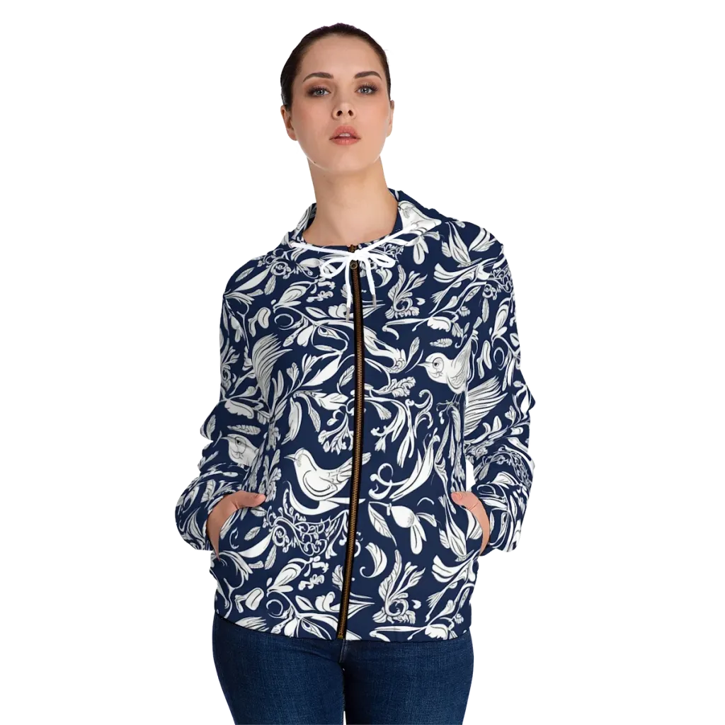 Navy Aviary on Women's Full-Zip Hoodie — Front On Person