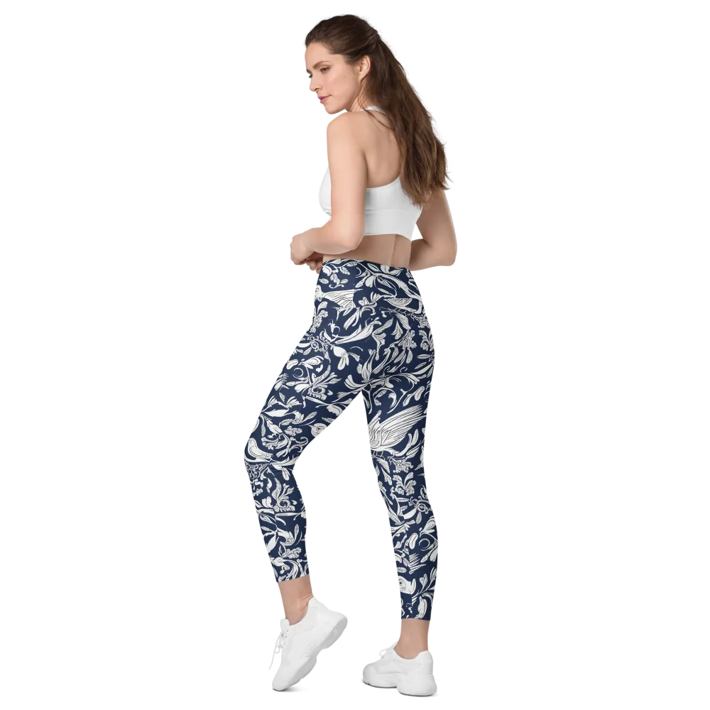 Navy Aviary on Leggings with Pockets — Left Back