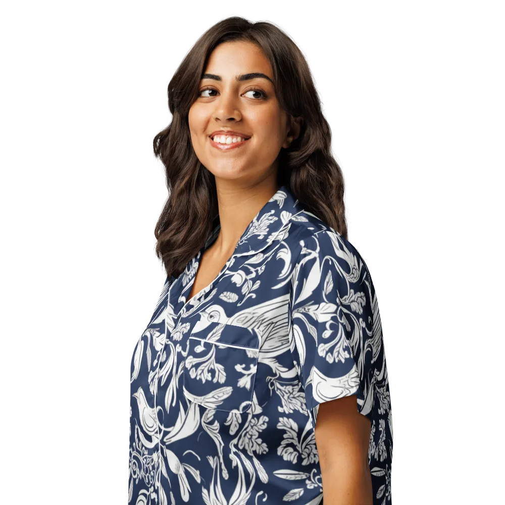 Navy Aviary on Women's Short Sleeve Pajama Top — Left Front