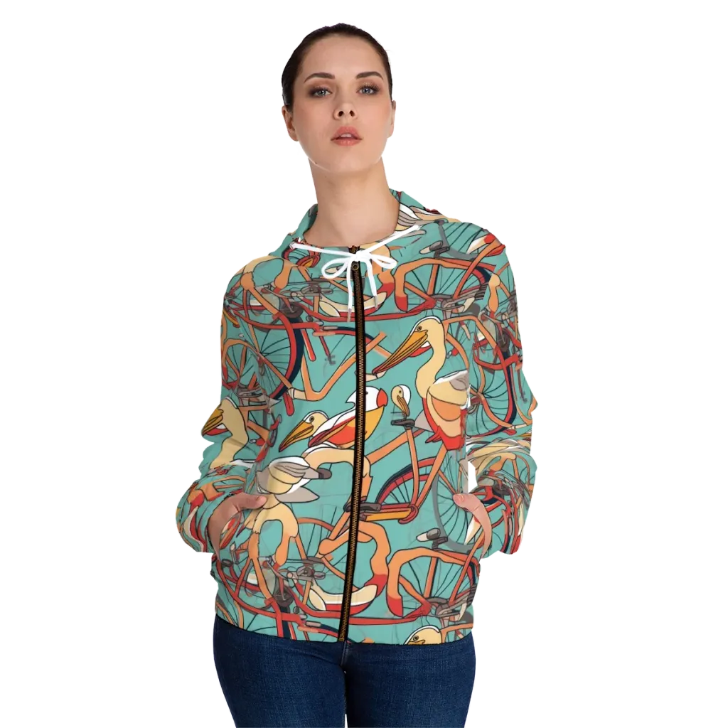 Pelican Pedal Parade on Women's Full-Zip Hoodie — Front On Person