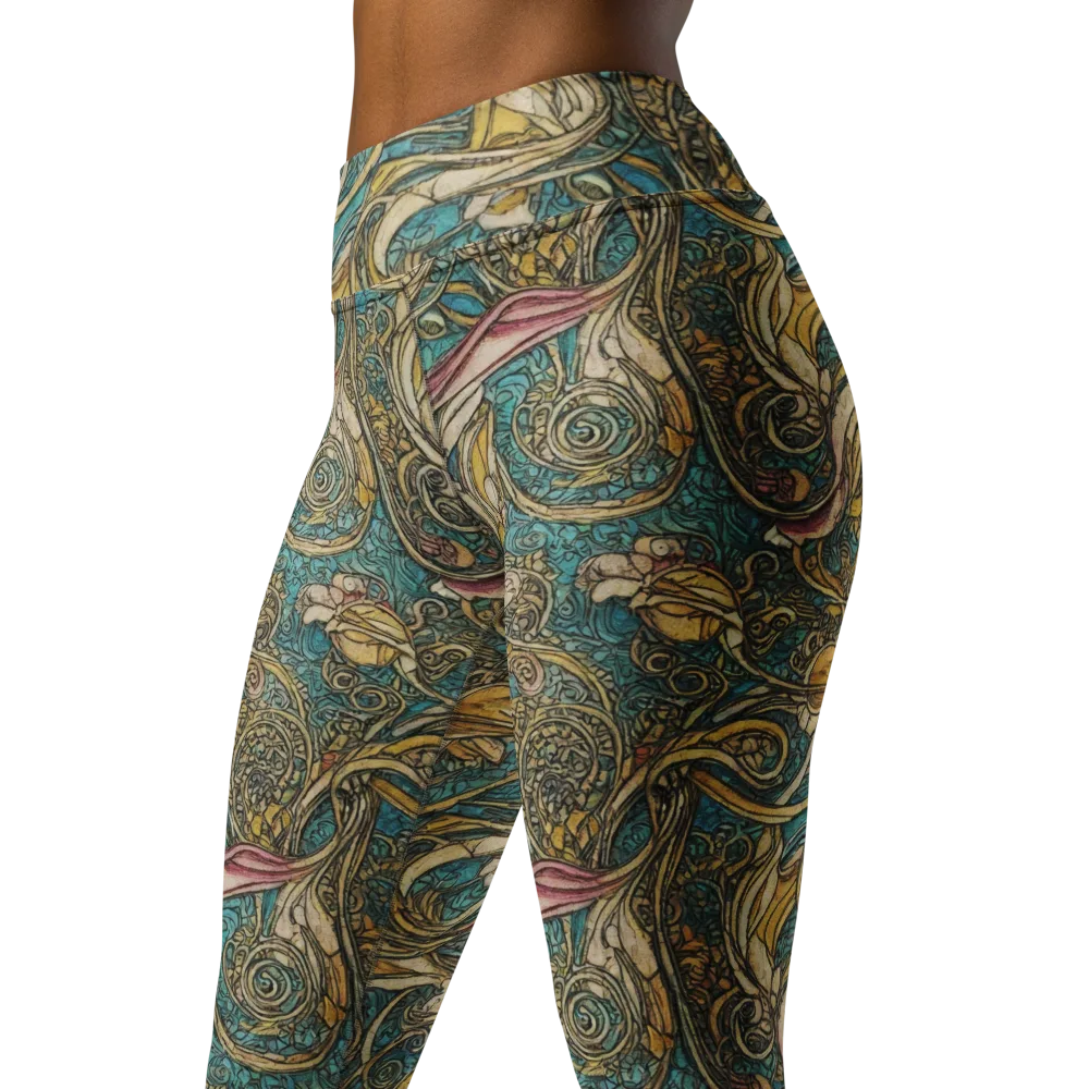 Turquoise Arabesque on Yoga Leggings — Left Front