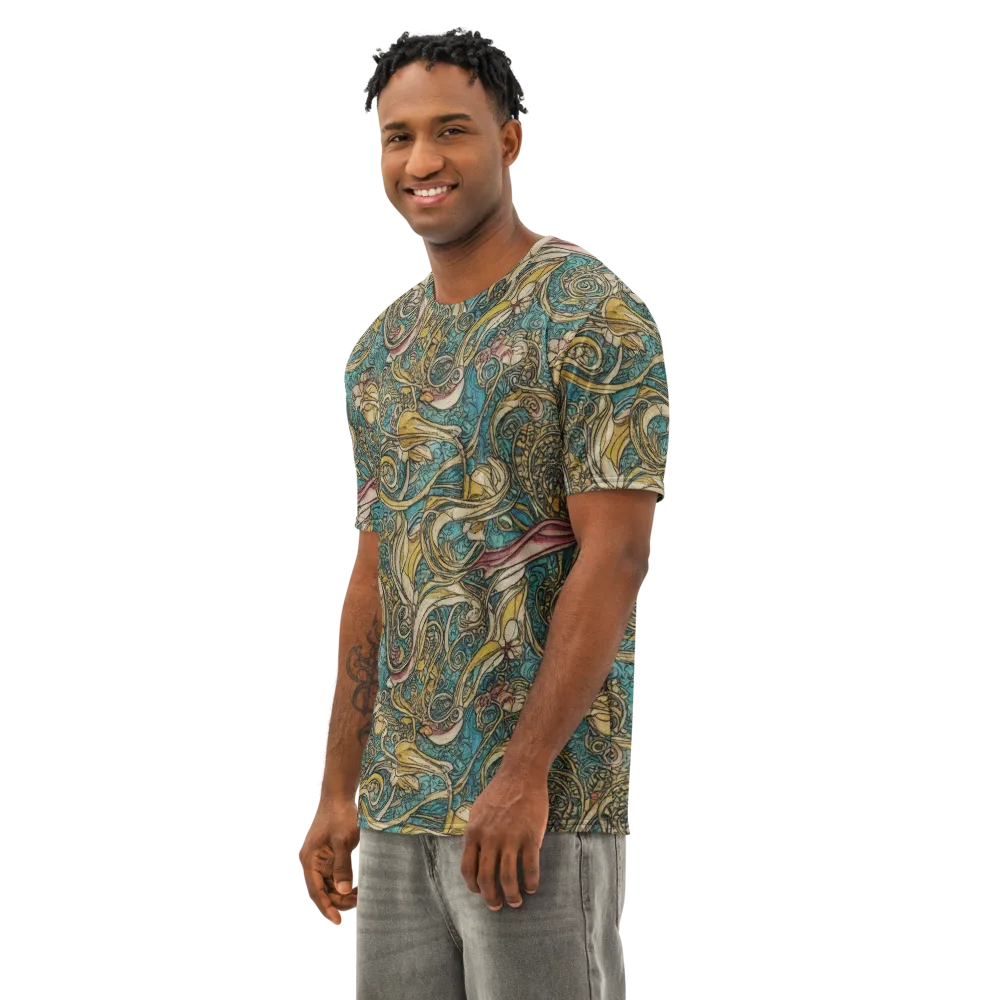 Turquoise Arabesque on Men's Cotton Crew Neck T-Shirt — Left Front
