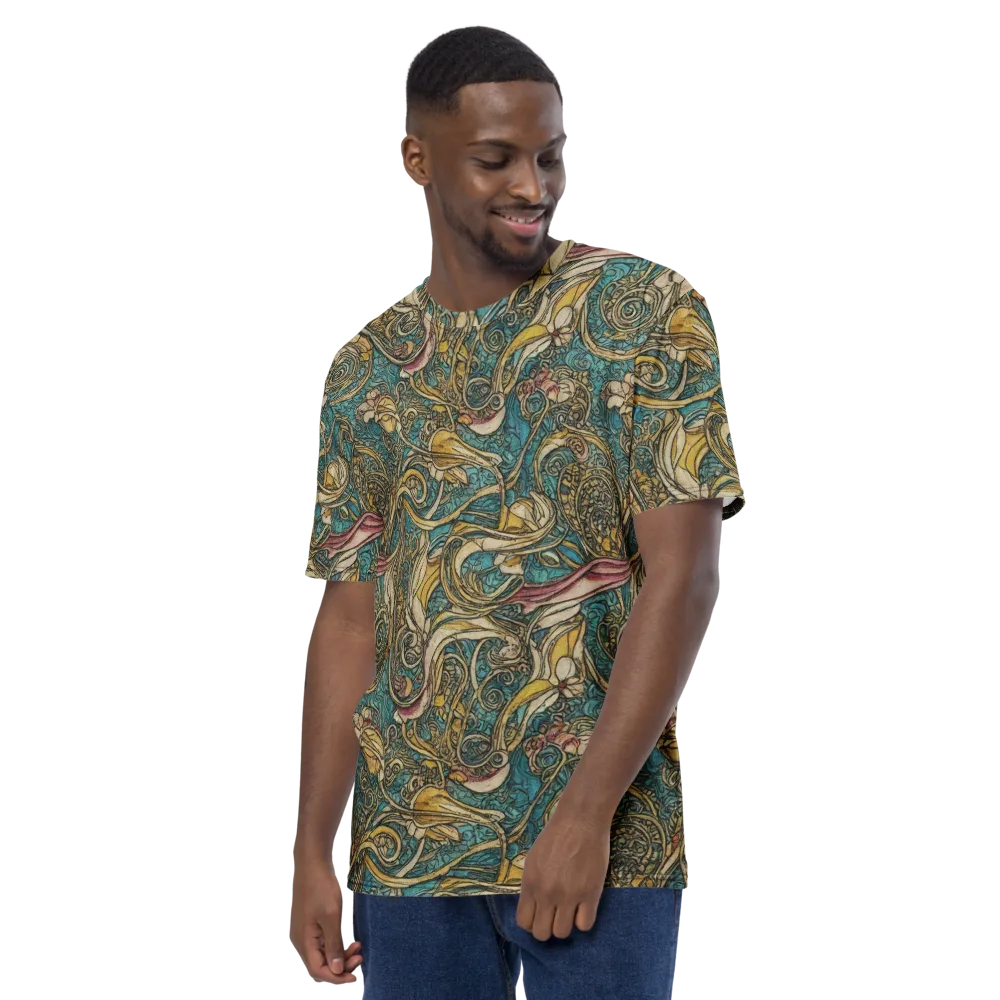 Turquoise Arabesque on Men's Crew Neck T-Shirt — Left