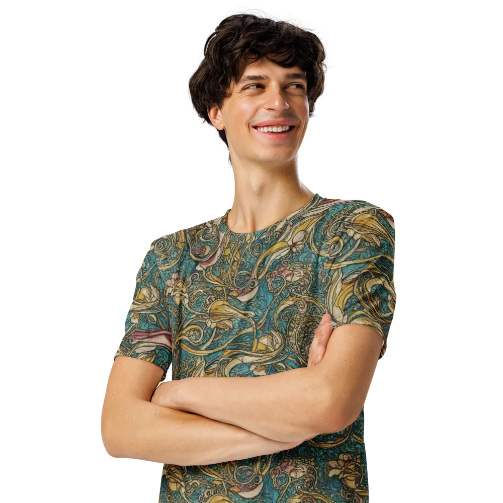 Turquoise Arabesque on Men's Crew Neck T-Shirt — Left Front