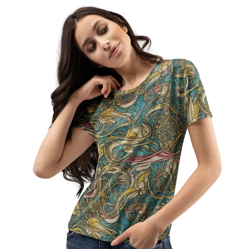 Turquoise Arabesque on Women's Crew Neck T-Shirt — Left Front