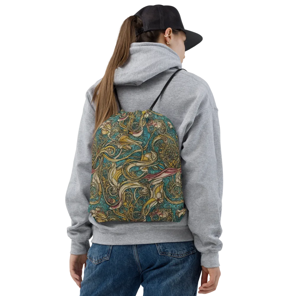 Turquoise Arabesque on Drawstring Bag — Front