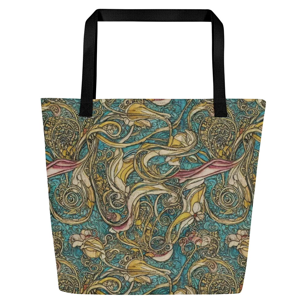 Turquoise Arabesque on Large Tote Bag W/ Pocket — Front