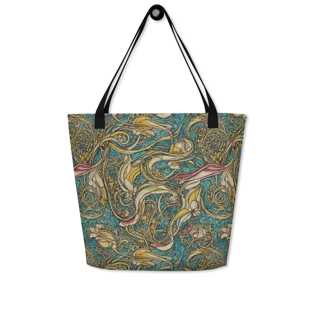 Turquoise Arabesque on Large Tote Bag W/ Pocket — Front