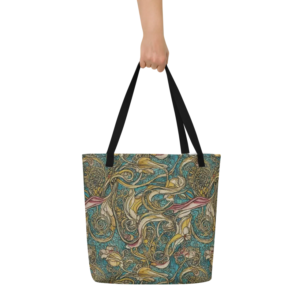 Turquoise Arabesque on Large Tote Bag W/ Pocket — Front