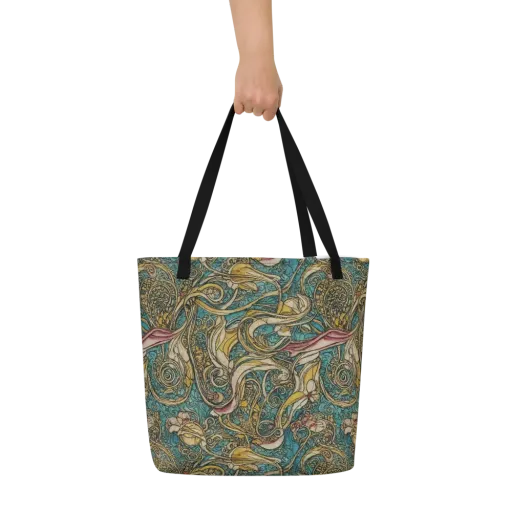 Turquoise Arabesque on a Large Tote Bag W/ Pocket